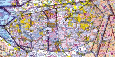 Screenshot of VFR 1:500,000 map (Edition 46: 22 April 2023) showing the location of the MLLR (pink north-south corridor in image centre)