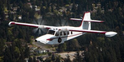 Maxwell's electric M1 Grumman Mallard in flight. Images: Maxwell