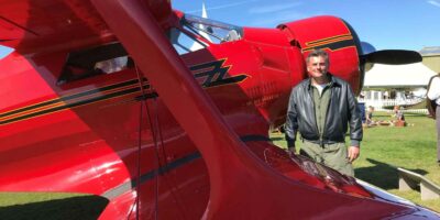 Rob Wildeboer with a Beech Staggerwing at Goodwood